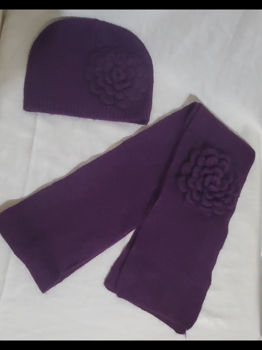 Purple Knitted Flower Beanie and Scarf Set